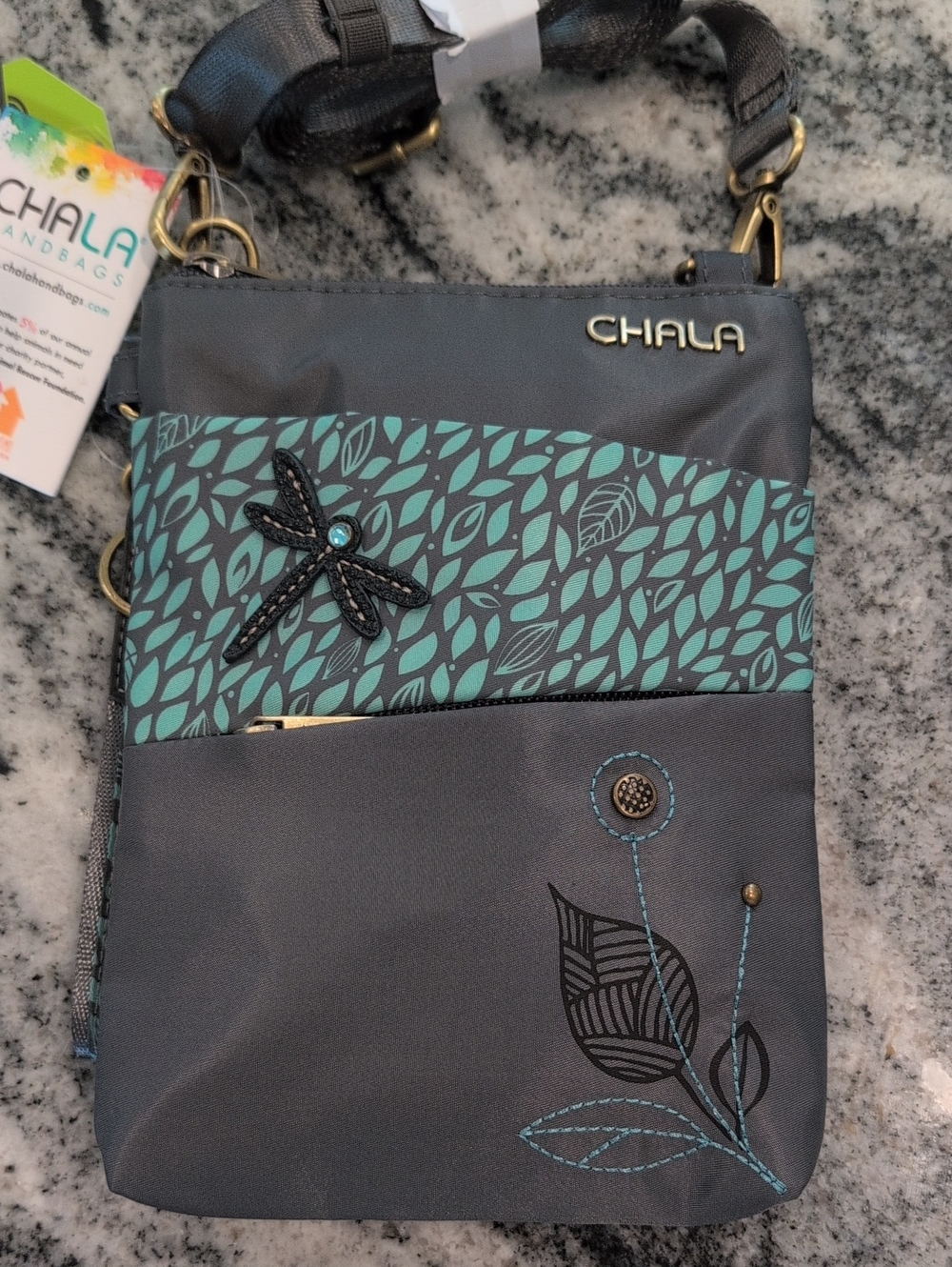 Chala Teal & Gray Leaf Dragonfly Crossbody Bag